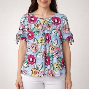 Crown & Ivy Petite Blue Floral Blouse Womens Size M Tie Sleeve Top NWT